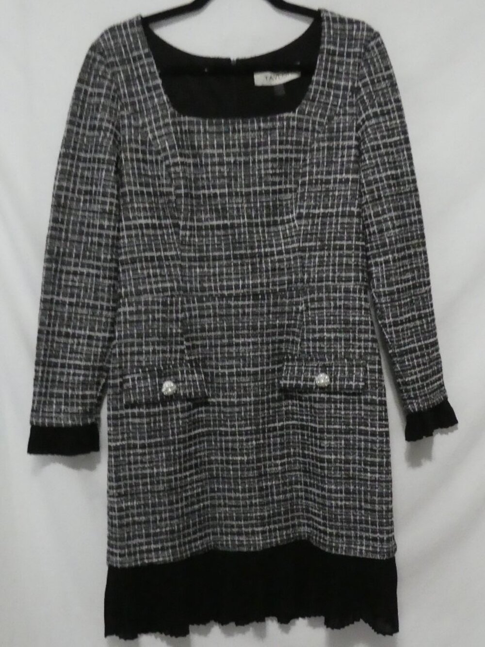 TAYLOR Square Neck Long Sleeve Tweed Dress Plated Ruffle Hem - Size 12